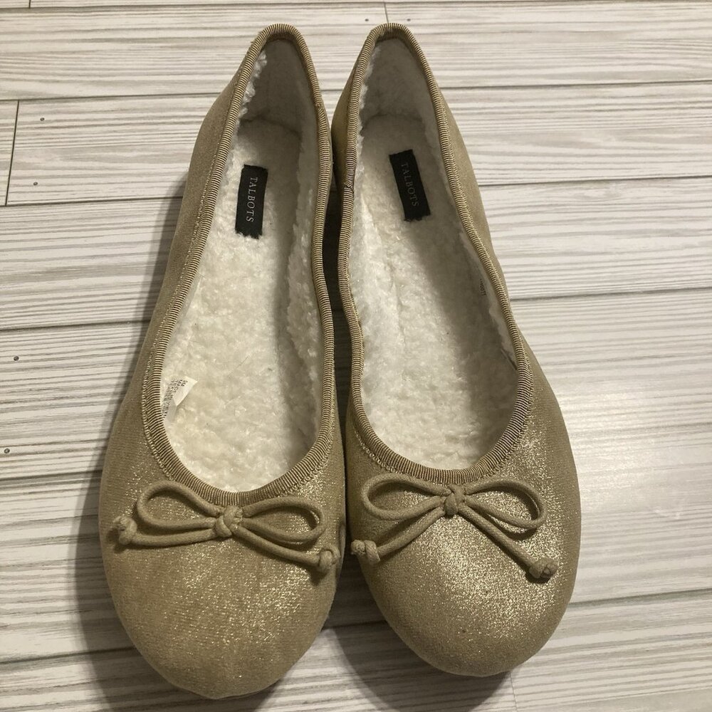 TALBOTS COZY SUEDE BALLET SLIPPERS TANISH GOLD IN COLOR SIZE 9M